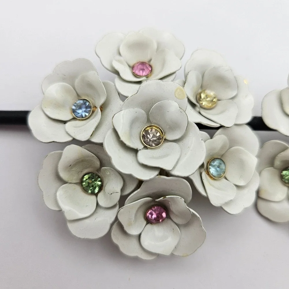 Vintage White Enamel Flower Cluster Clip On Earrings Multi Color Rhinestone 60s